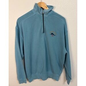 Tommy Bahama Relax Mens Quarter Zip Pullover Blue Ribbed Marlin Logo Sweatshirt
